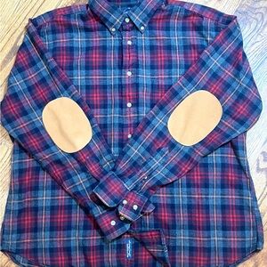 Bill’s Khakis Gray and Red Plaid Shirt with Elbow Patches